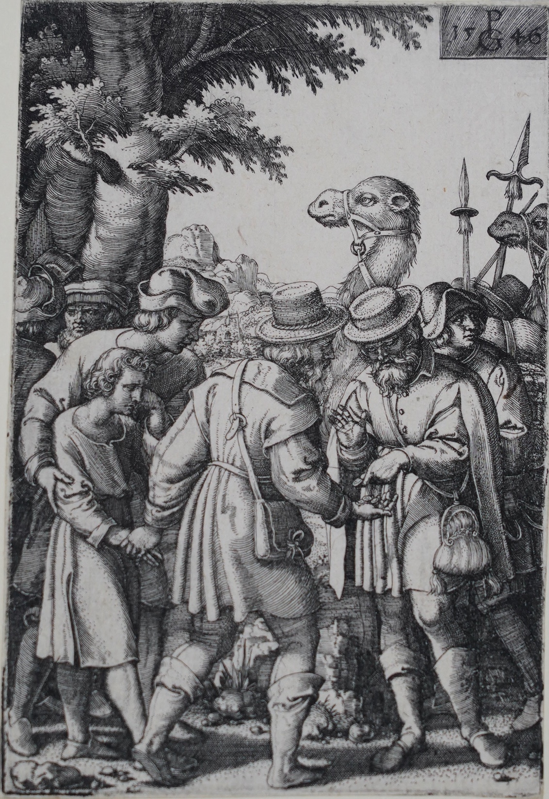 Georg Pencz (German, 1500-1550), Joseph sold to the merchants, original engraving 1546, 10.7 x 7.8cm